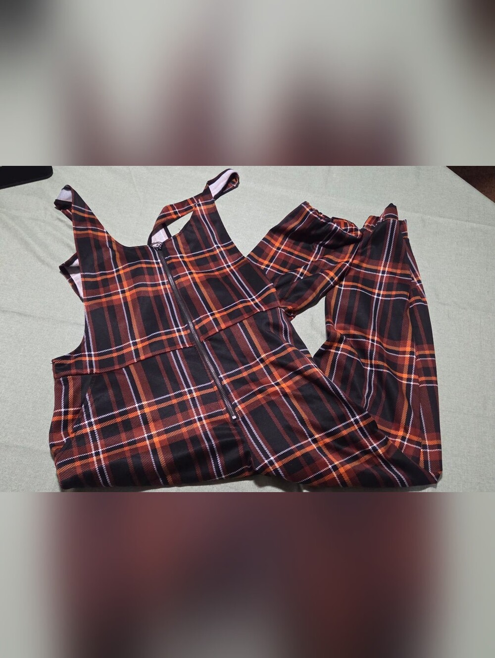 Plaid Zip-Front Jumpsuit in Black and Orange